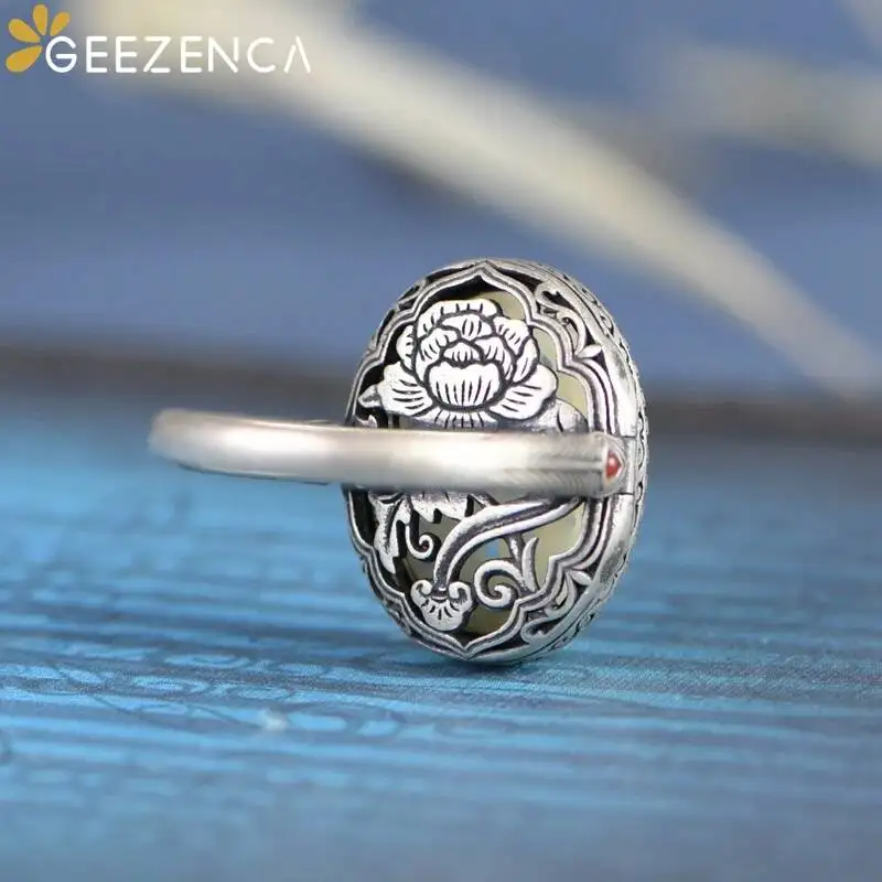 GEEZENCA 925 Sterling Silver Carved Jade Sizable Ring For Women Luxury Handmade Unusual Peony Flower Locket Openable Rings Gift