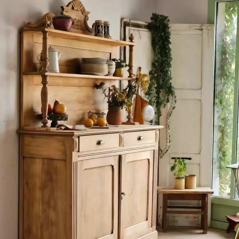 

American Retro Solid Wood Dining Side Cupboard Living Room Display Storage Coffee Tea Cabinet Antique Display Shooting
