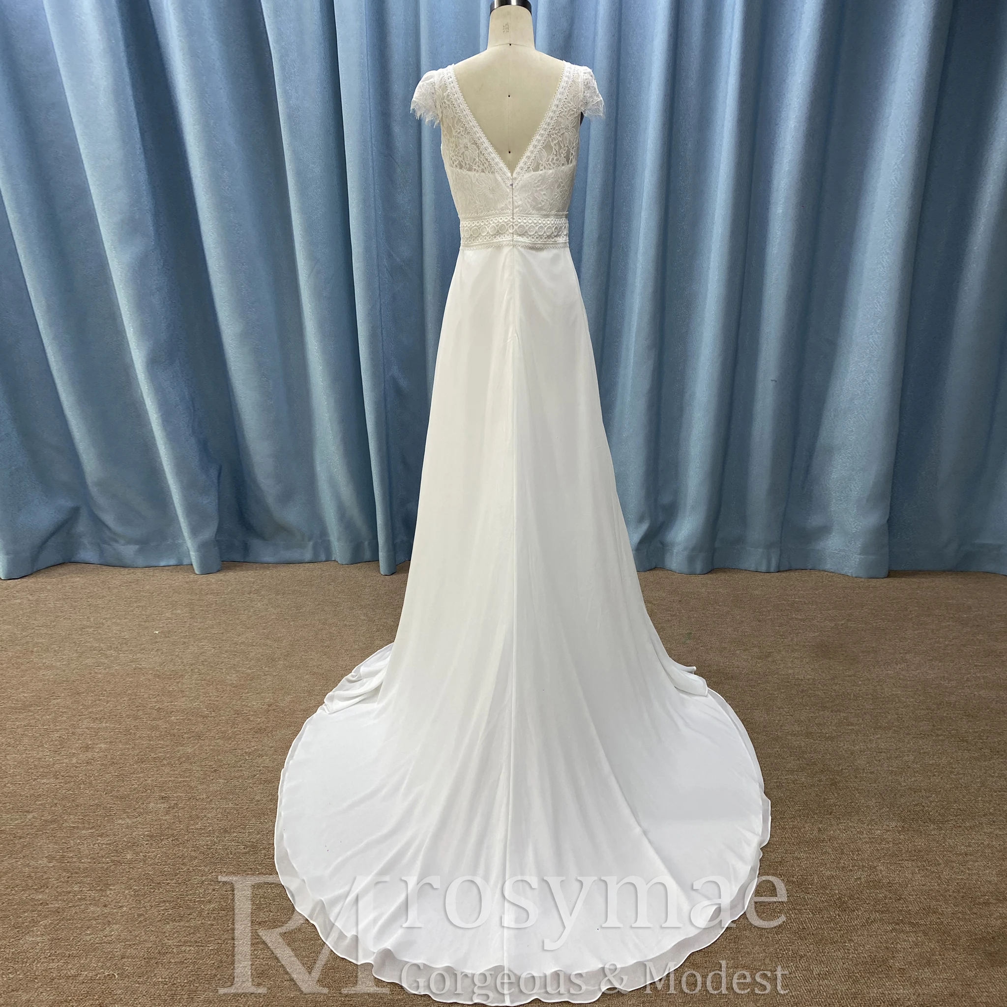 Gaun Pengantin Rosymae Elegan Model V-Neck Bahan Chiffon dengan Lengan Pendek untuk Calon Pengantin