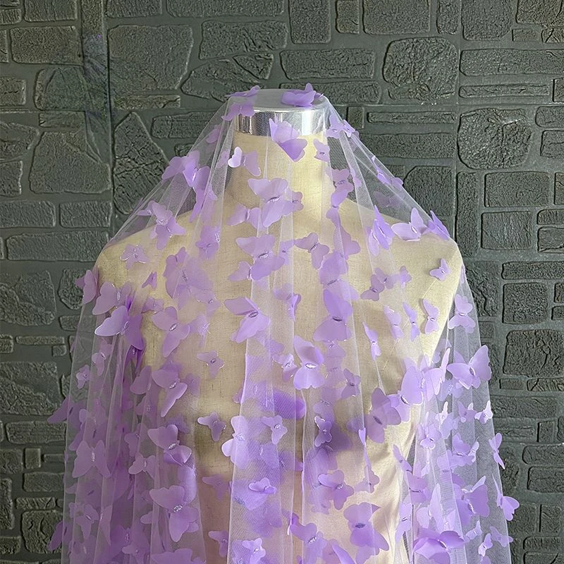 Purple Butterfly Embroidered  Fabric Three-dimensional Breathable Curtains Wedding Dresses Decorative Clothing Designer Fabric