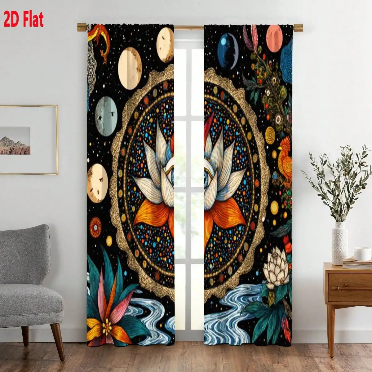 2D Flat - 2pcs Bohemian Mystical Lotus Surreal Pattern Curtains | Ornate Floral Eye Celestial Decor, Whimsical Art Deco Style