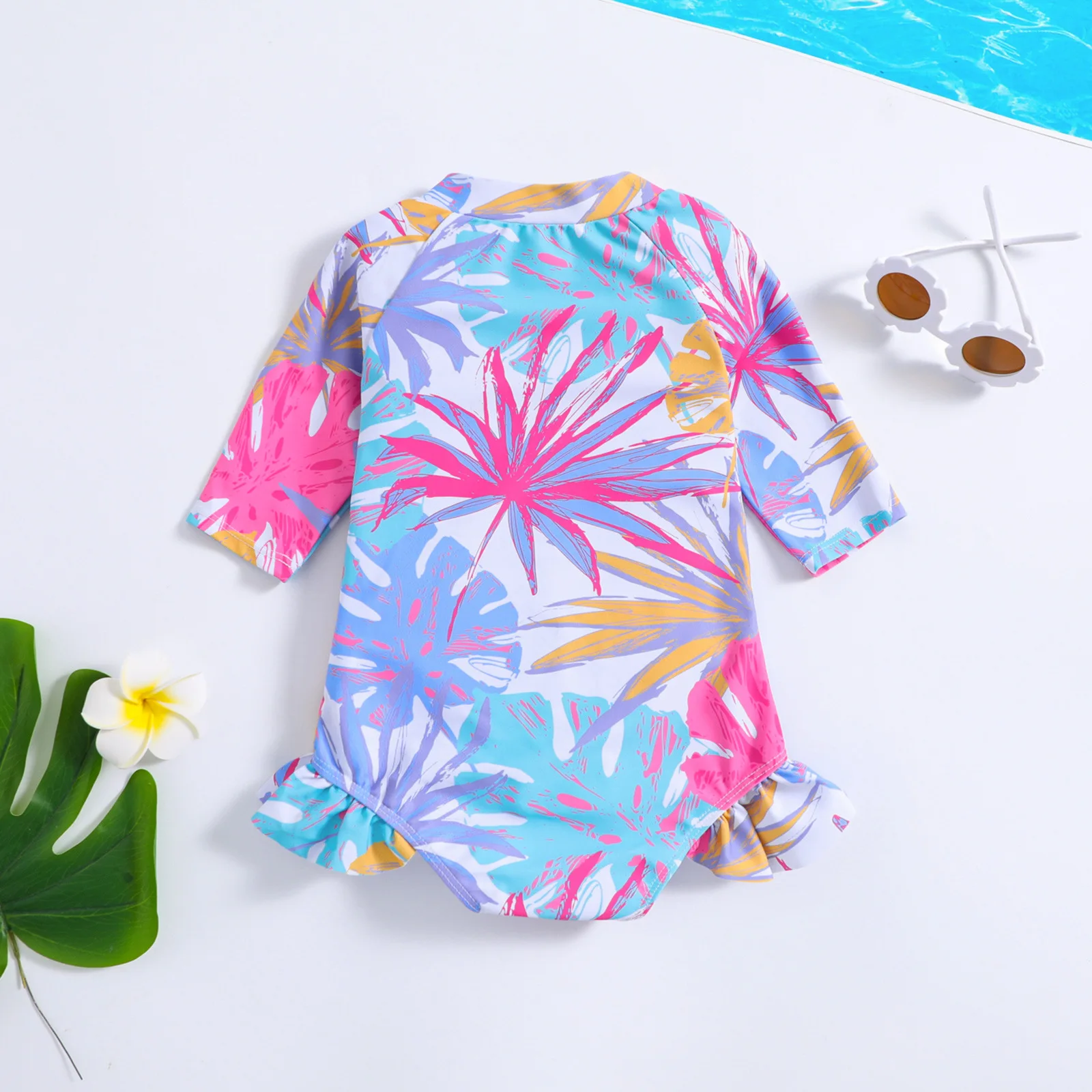 Baby one piece swimsuit with tropical palm leaf print,mid sleeve zipper ruffle,suitable for seaside and pool play