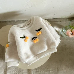 Winter Baby Clothes Fashion Newborn Baby Lamb Wool Tops Fleece Hairball Tops Cherry Embroidery Infant Baby Girl Thick Pullover