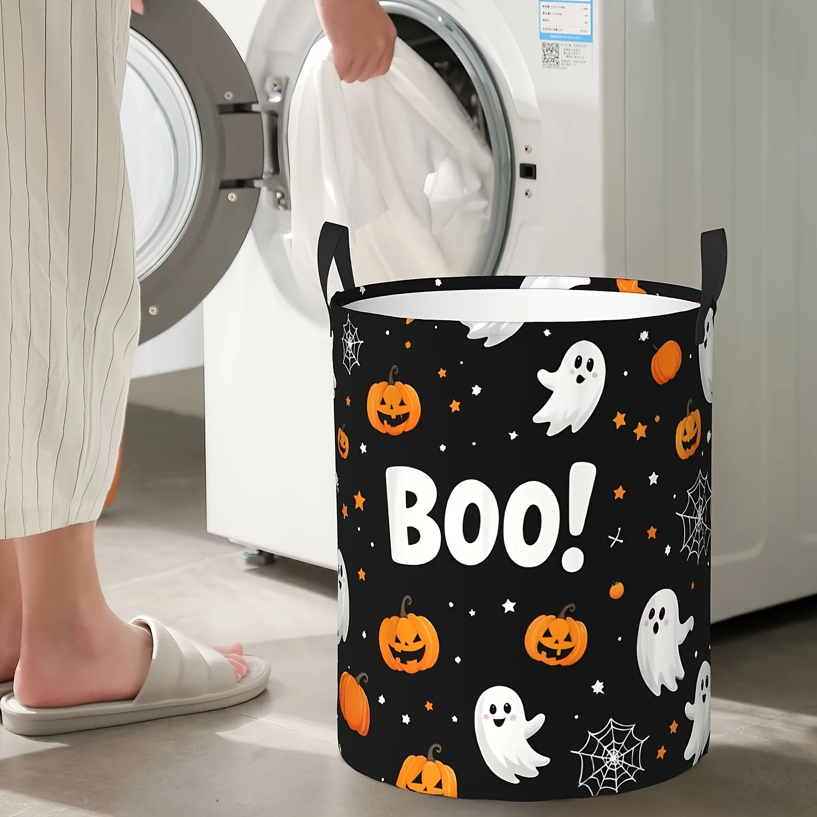 1pc Cartoon Ghosts And Pumpkin Lanterns Spider Web Star-Pattern Halloween-Themed Print Foldable Laundry Basket
