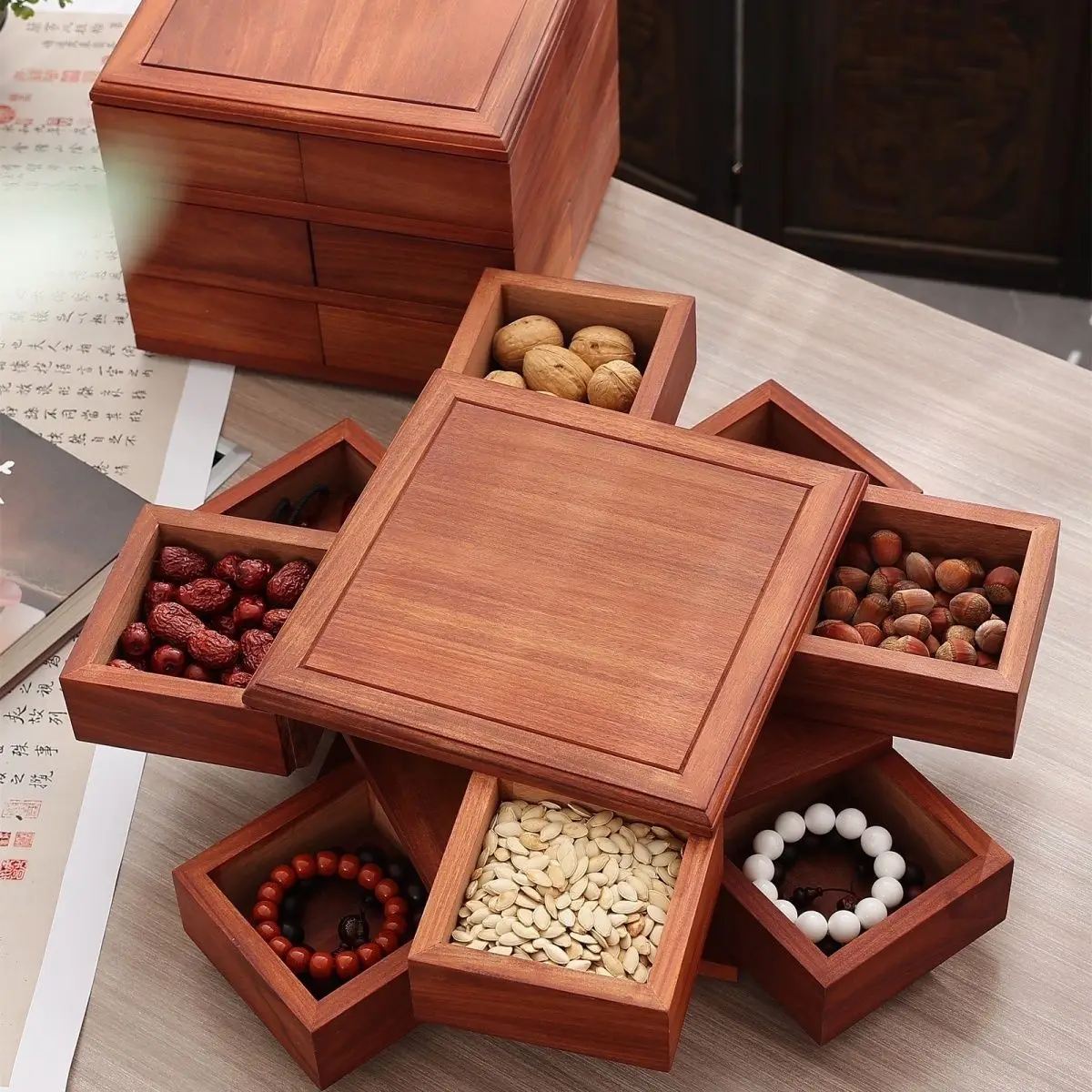 Chinese wood Luban rotary dried fruit box pure solid wood fragrant pear jewelry storage box watch box storage