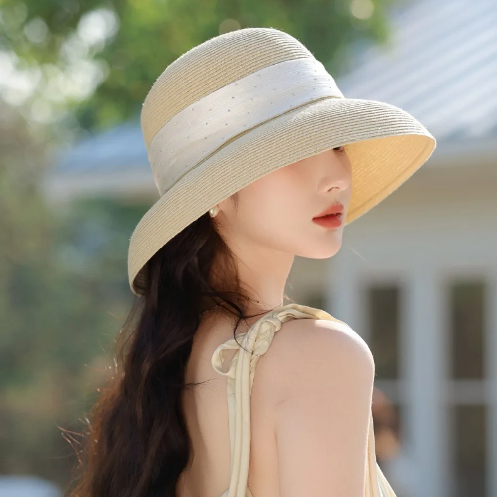 

Sweet Boho Lafite Straw Hat Polka Dot Dome Women's Sun Hats Wide Brim French Style UV Protection Cap Summer