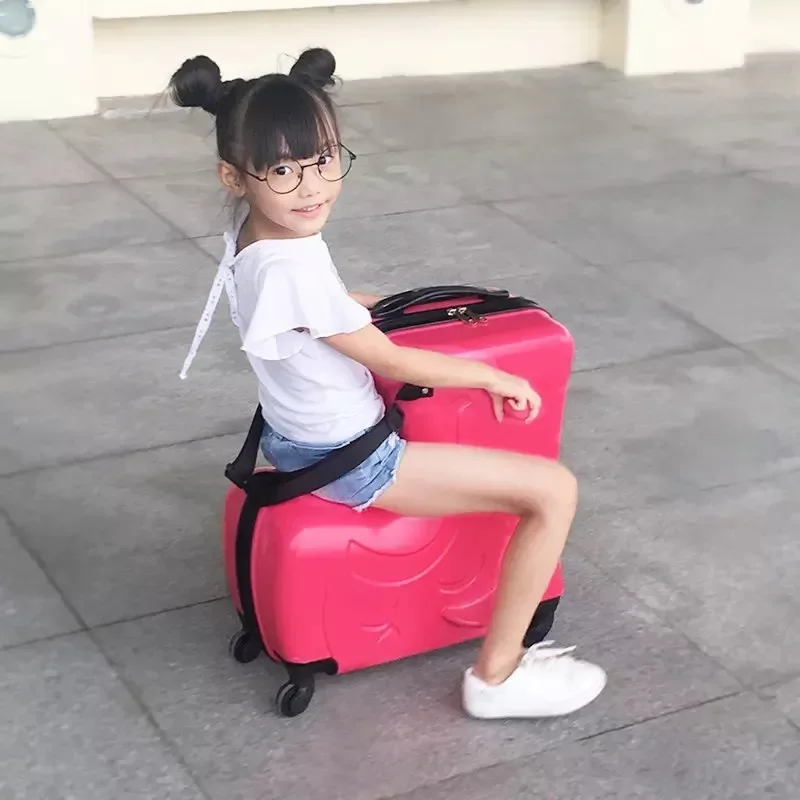 new Kids Riding Trojanl Luggage Hot Boys Girls Travel Trolley Alloy Children Sitting Rolling Luggage Suitcase Spinner Wheels