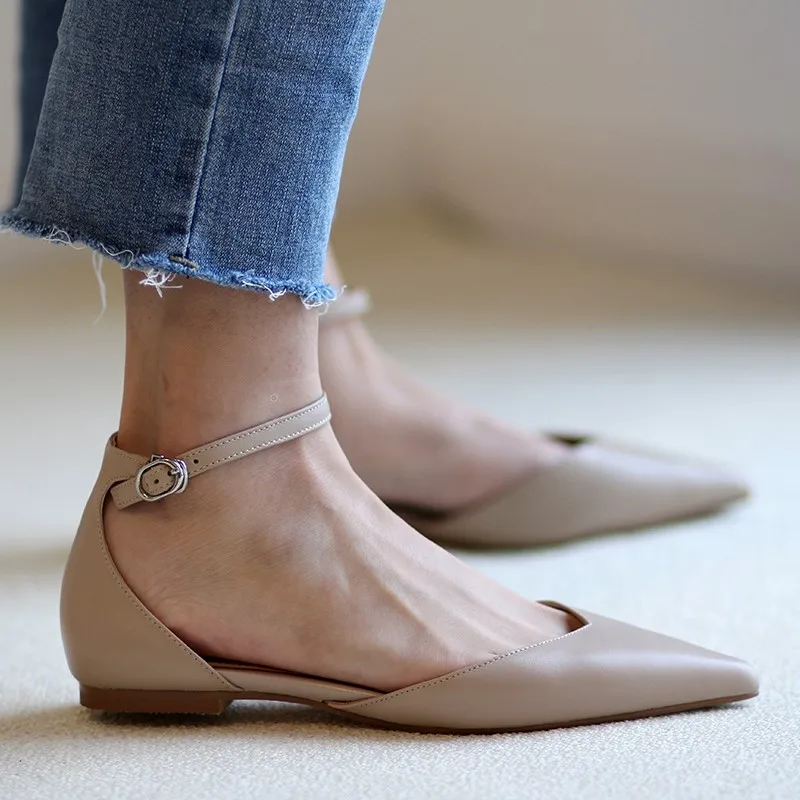 

One Strap Women Flats Beige Nude Ballet Shoes Pointed Toe Office Work Shoes Cowhide Leather Buckle Simple Flats Women's Pregnant