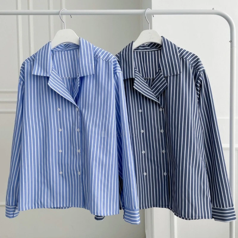 Seoulish-Blusas Vintage a rayas para mujer, camisas coreanas de manga larga con doble botonadura, chaqueta holgada con cuello, Top para mujer