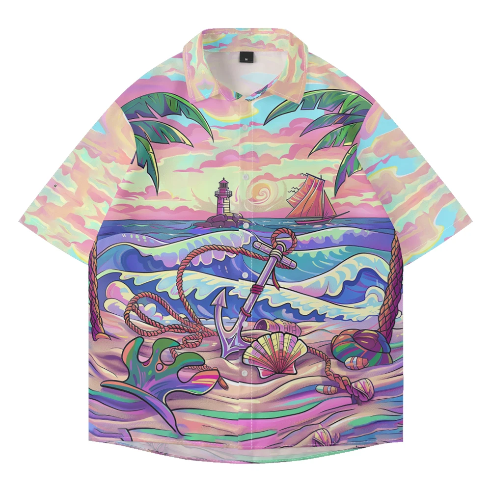 

Summer casual large size short sleeve lining cartoon ocean element pattern loose trend beach single breasted fashion shirt