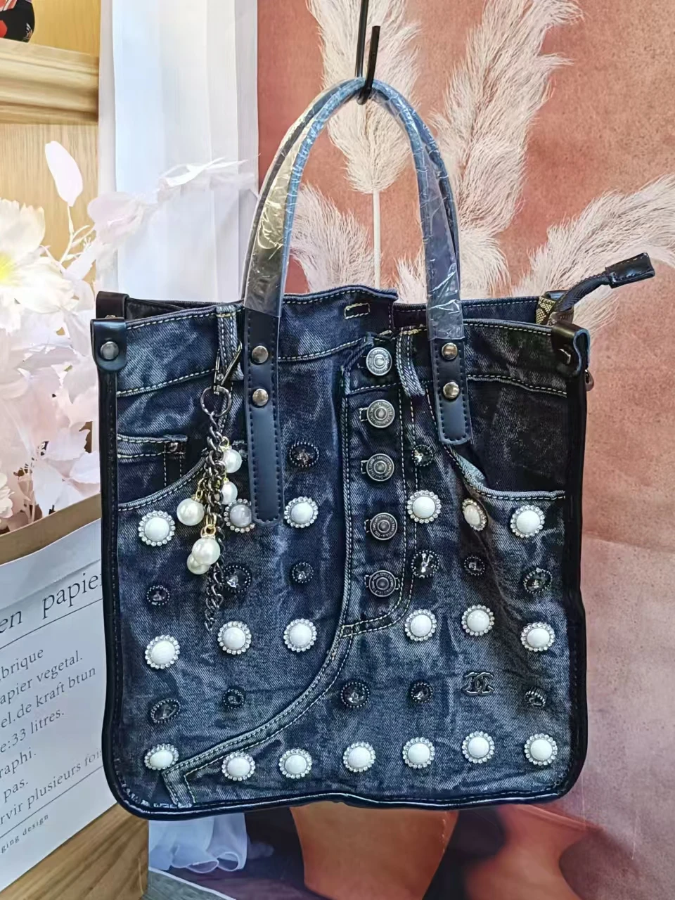 

2026 American Retro Denim Heavy Industry Diamond Studded Pearl Metal Rivet Decoration Single Shoulder Crossbody Women Bag Trendy