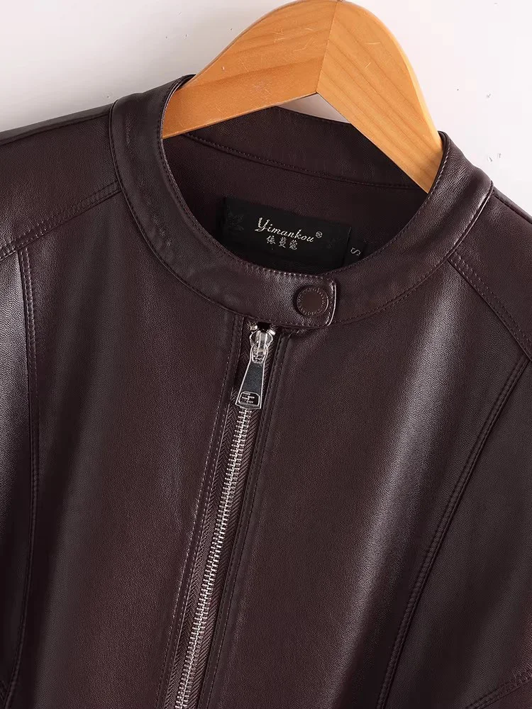 新しい女性の春秋スプリットレザールーズジャケットファッション O ネック長袖カジュアルショートレザーコートシンプルジャケット