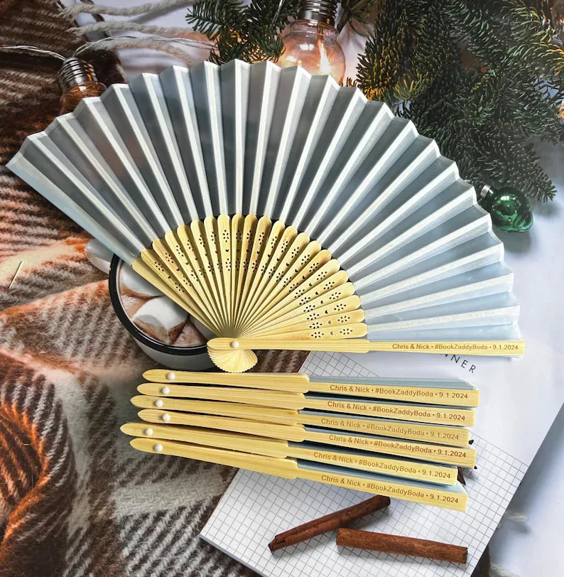 

50pcs Light Blue Customized Wedding Hand Fans, Personalized Party Favor Gifts, Custom Folding Silk Bamboo Fan