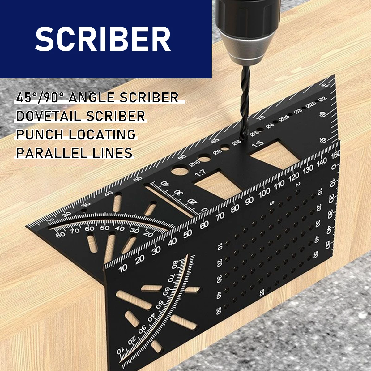 Maßlineal für die Holzbearbeitung aus Aluminiumlegierung in quadratischer Größe – 3D-Gehrungswinkel-Messschablonenwerkzeug – Lineal für das Tischlerlayout