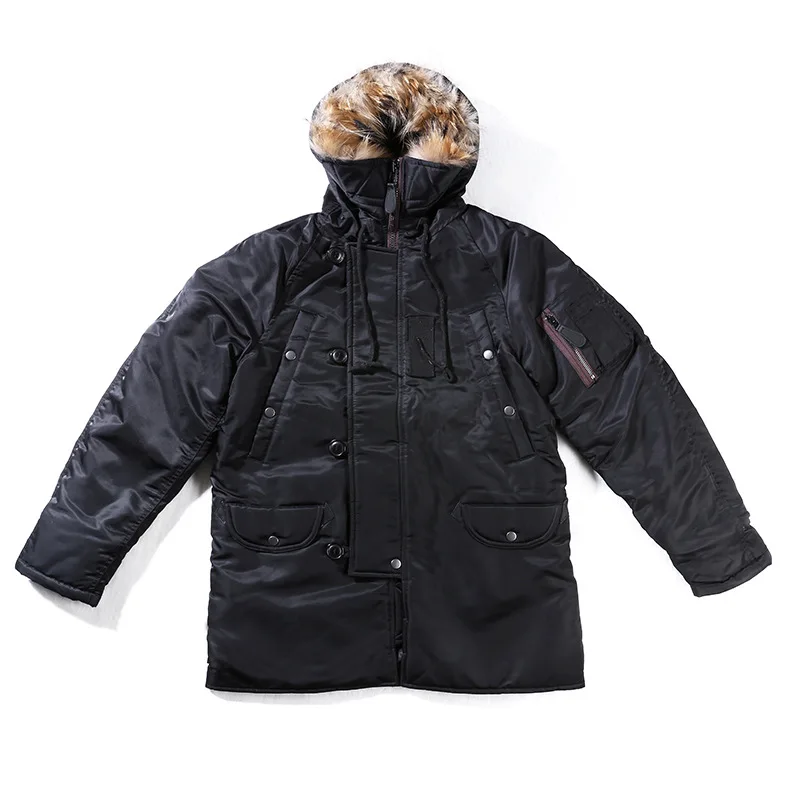 

OKONKWO Air Force N-3B Winter Thick Hooded Padded Jacket Mid-Length Unisex Cotton-padded Coat for Cold Weather