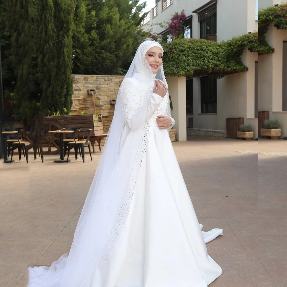 

Muslim Wedding Dresses with Hijab Long Sleeves High Neck for Brides A-Line Sweep Train Beading Draped Bridal Gowns Customized