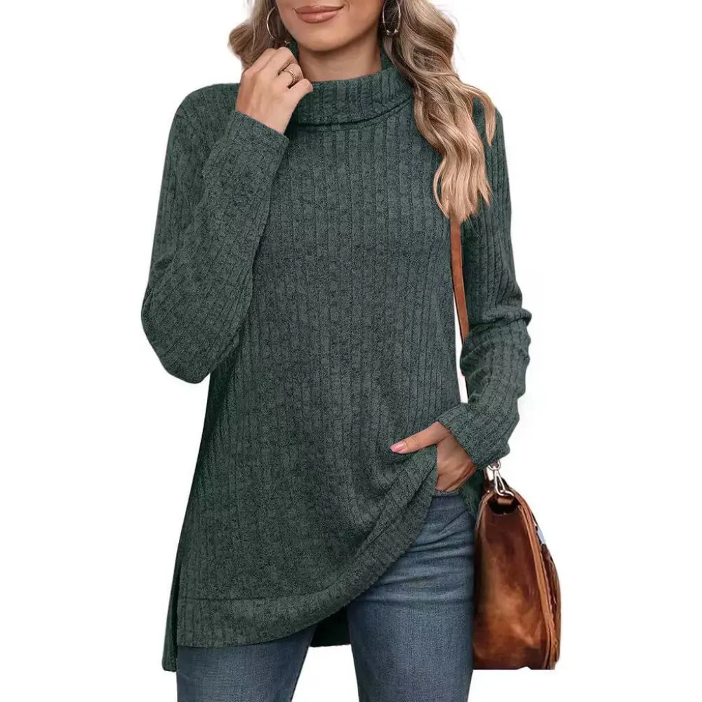 

Women's Solid Color Turtleneck Split Pit Loose T-shirt Top Autumn Winter Fashion by European American Style