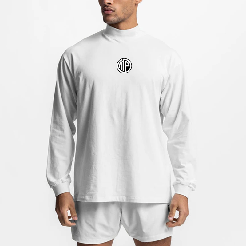 الخريف ملابس قطنية طويلة الأكمام مريحة عالية الياقة المتضخم فضفاض بلايز الرجال اللياقة البدنية الصالة الرياضية كمال الاجسام الجري الرياضة T