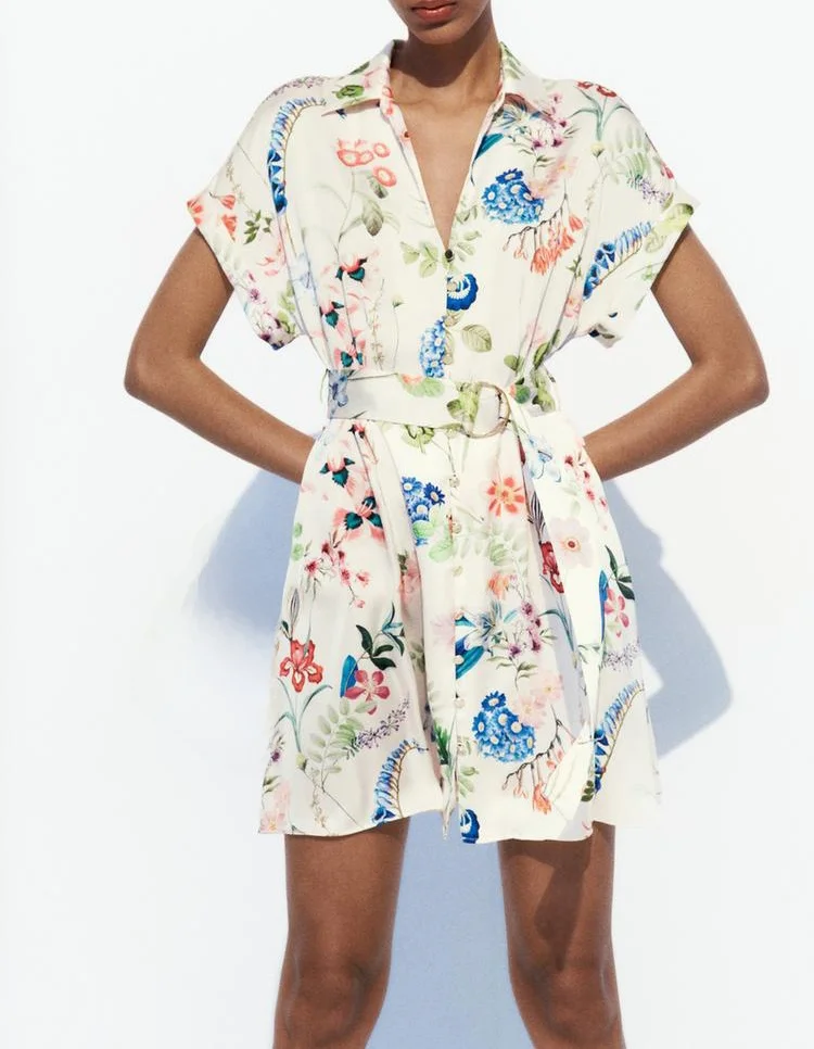 Sukienka z jedwabiu satynowego z dekoltem w serek, paskiem, kwiatowym wzorem, kolekcja Dr Ele Spring, nowość, damska, modna, o średniej długości, w kształcie litery A.