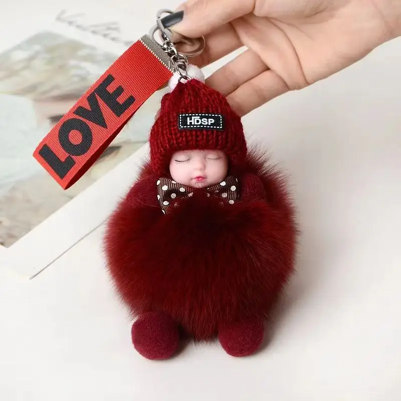 100% real fox hair sleeping doll Car keychain pendant cute action doll Ladies bag pendant cute mobile phone pendant  hair ball