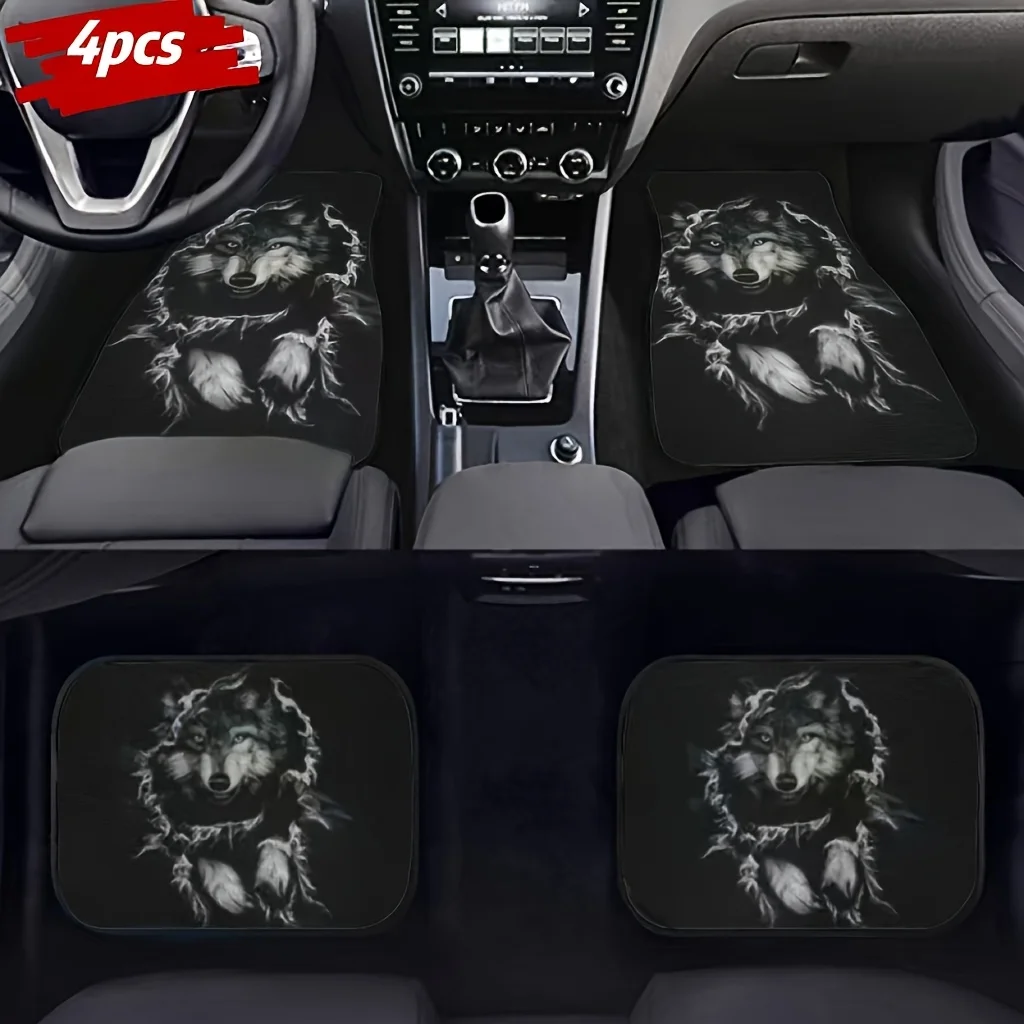 Four-Piece Black & White Animal Print Car Mats | Wolf/Deer/Lion/Forest - Polyester, Universal Fit - Noble Interior Accessory