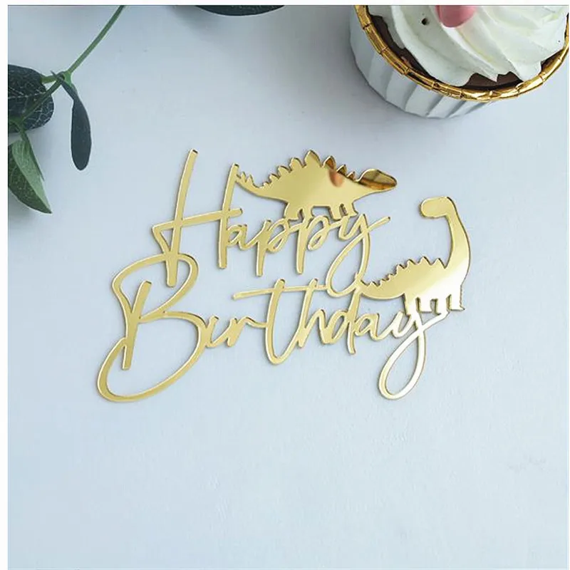 New Cartoon Happy Birthday Cake Toppers Gold Side Acrylic Kids Party Cake Topper Decoration Baby Shower Gift Baking Supplies