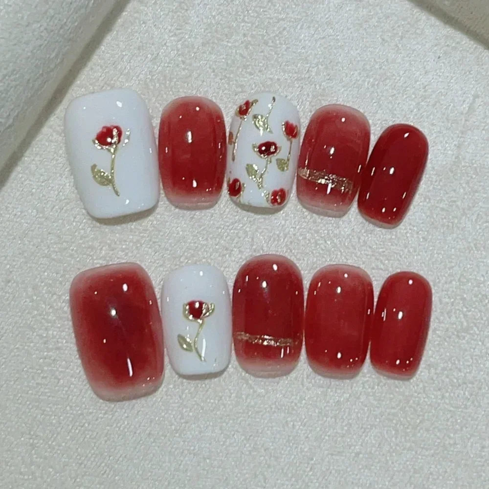 Uñas postizas para manicura, 10 piezas, brillantes, hechas a mano, bailarina corta, cubierta completa, diseño de ojo de gato y rosa