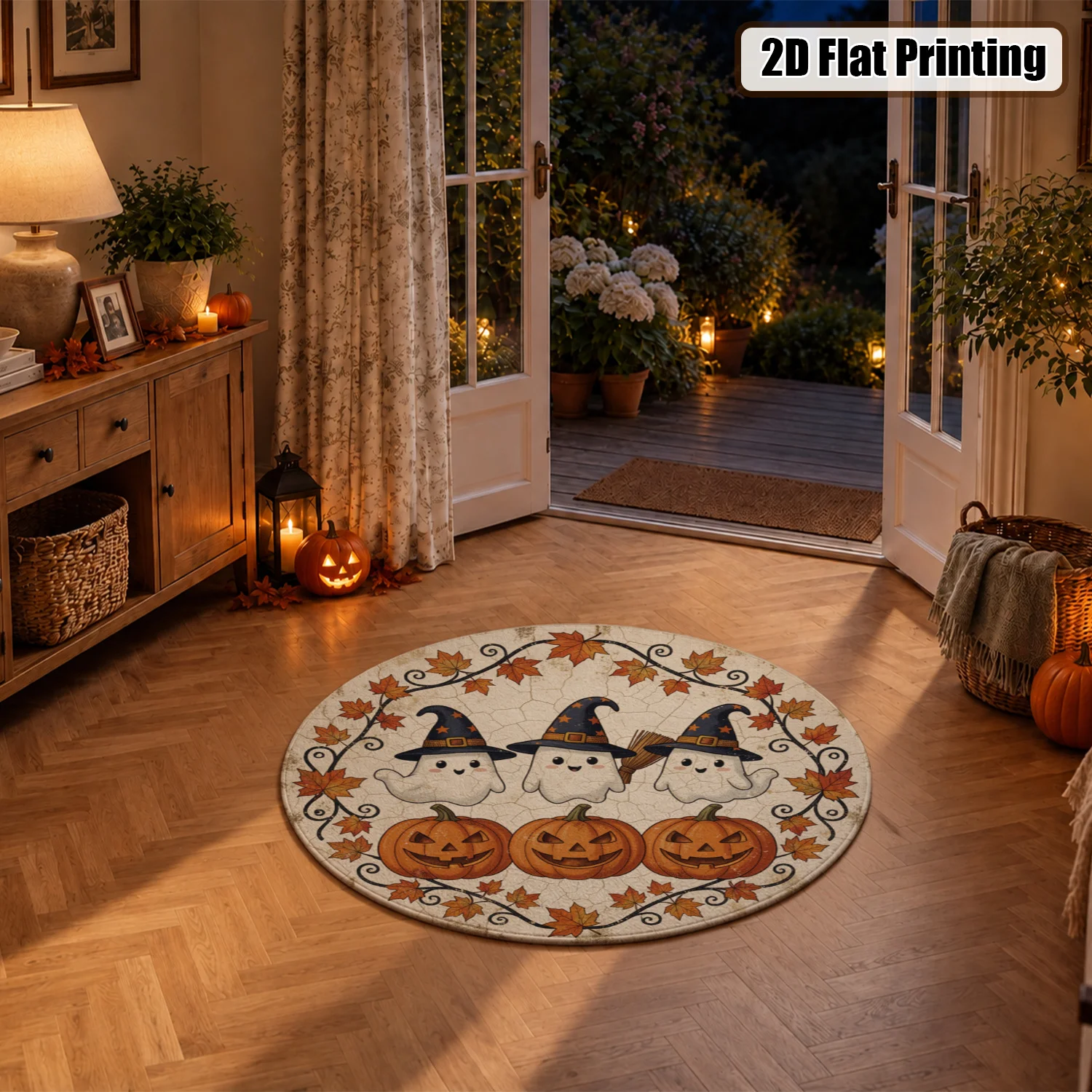 Halloween Ghosts Pumpkins Maple Leaves Pattern Round Velvet Floor Mat Machine Washable Stable Underfoot Entryway Kitchen Porch Ideal for Halloween Thanksgiving Christmas New Year Black Friday Cyber Monday
