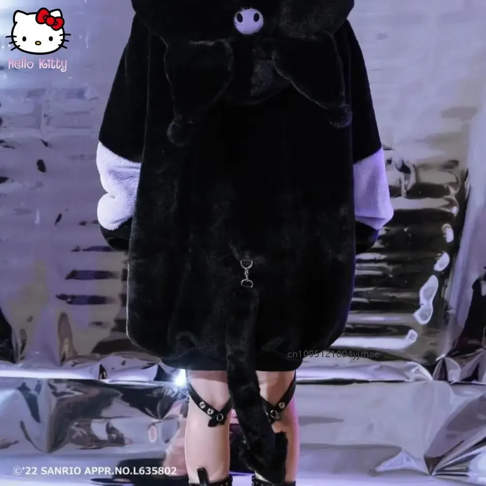 겨울 쿠로미 플러시 코트 여성용 귀여운 애니메이션 재킷 만화 쿠로미 코스튬 소녀 코트 두꺼운 따뜻한 고급스러운 부드러운 꼬리 달린