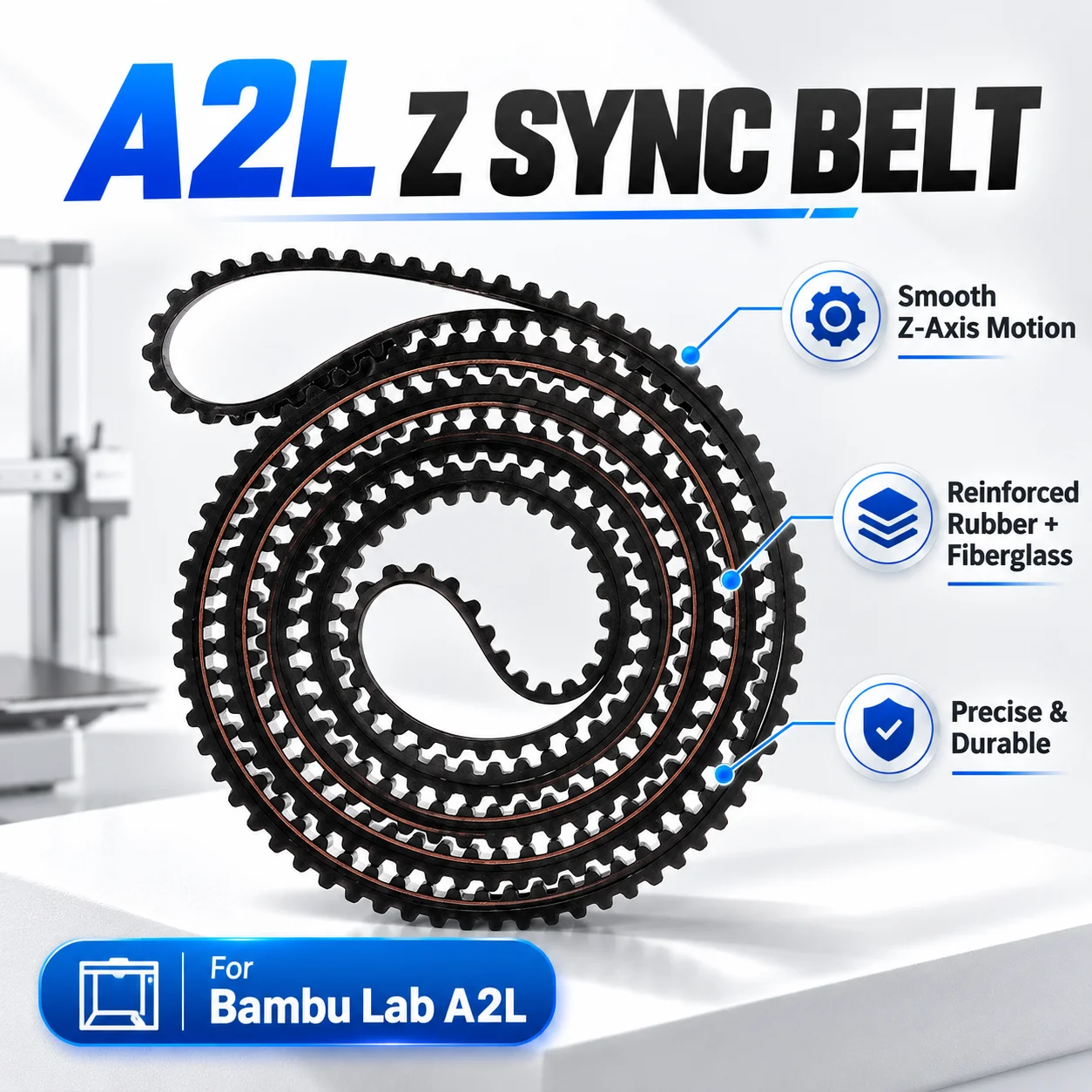 Bambu Lab A2L Z Axis Timing Belt Reinforced Rubber Fiberglass Sync Belt 3D Printer Replacement Part
