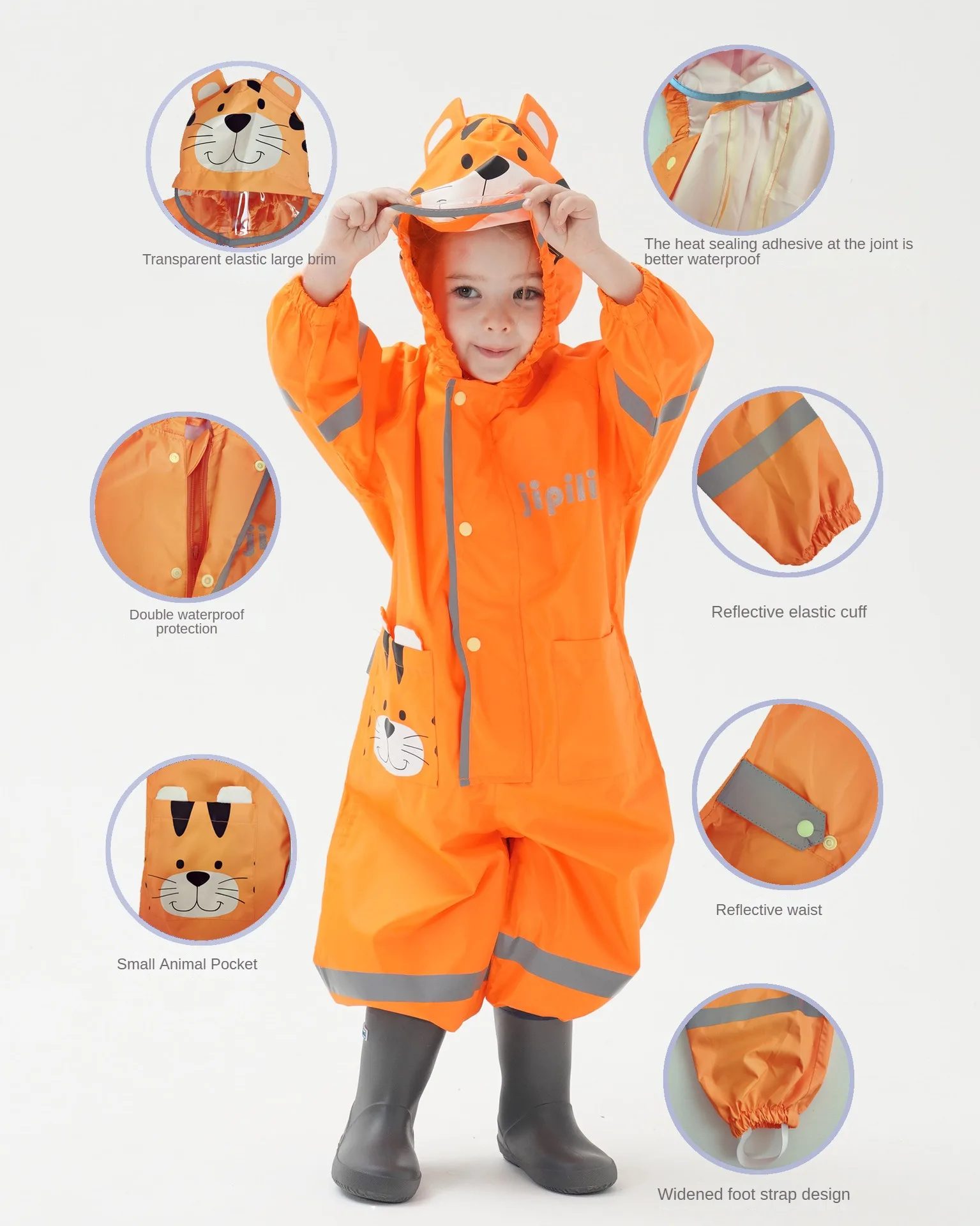 New Children\'s One-piece Raincoat Fashion Cute Cartoon Tiger Owl Three-dimensional Raincoat with Hat Brim Reflective Baby Poncho