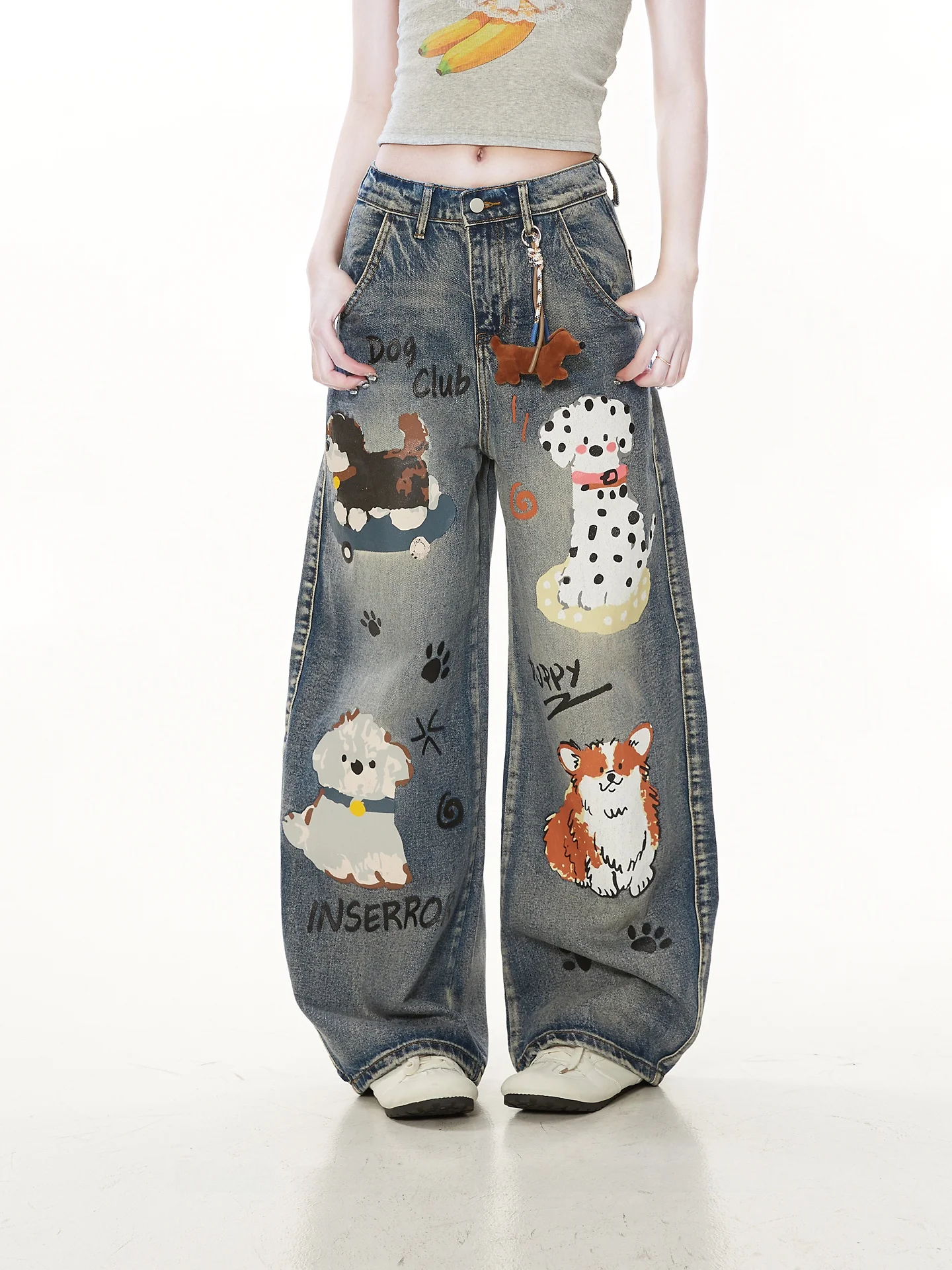 

American Style Loose Wide Leg Jeans Women's Printed Doggie Design Casual Cotton Denim Trousers Spring Fashion Unique Street S...