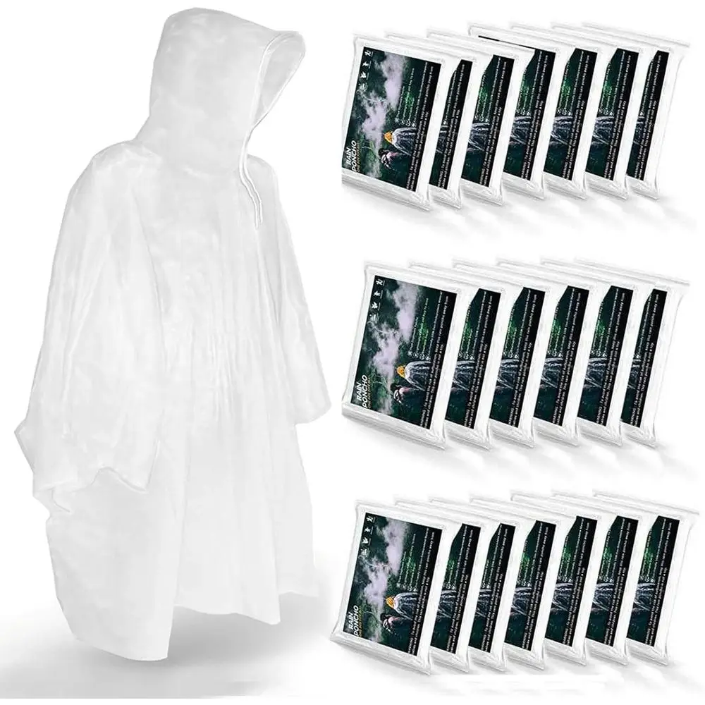 

Disposable Rain Ponchos or Adult, Waterproo Plastic and Dstring Hood, Clear