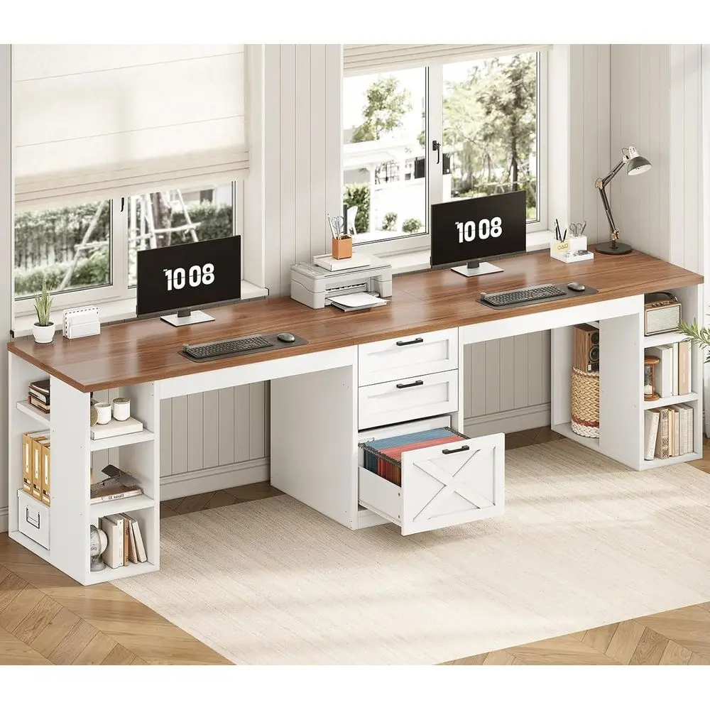 

96.5 Computer Desk with Drawers, 2 Person Home Office Desk, Gaming Double Desk with Storage Shelves, Long Two Person Writing Des