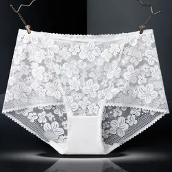 2XL Large Size Quick Dry Women's Panties High Waist Mesh Hollow Breathable Ice Silk Briefs Cotton Bottom Sexy Lace Underwear C88