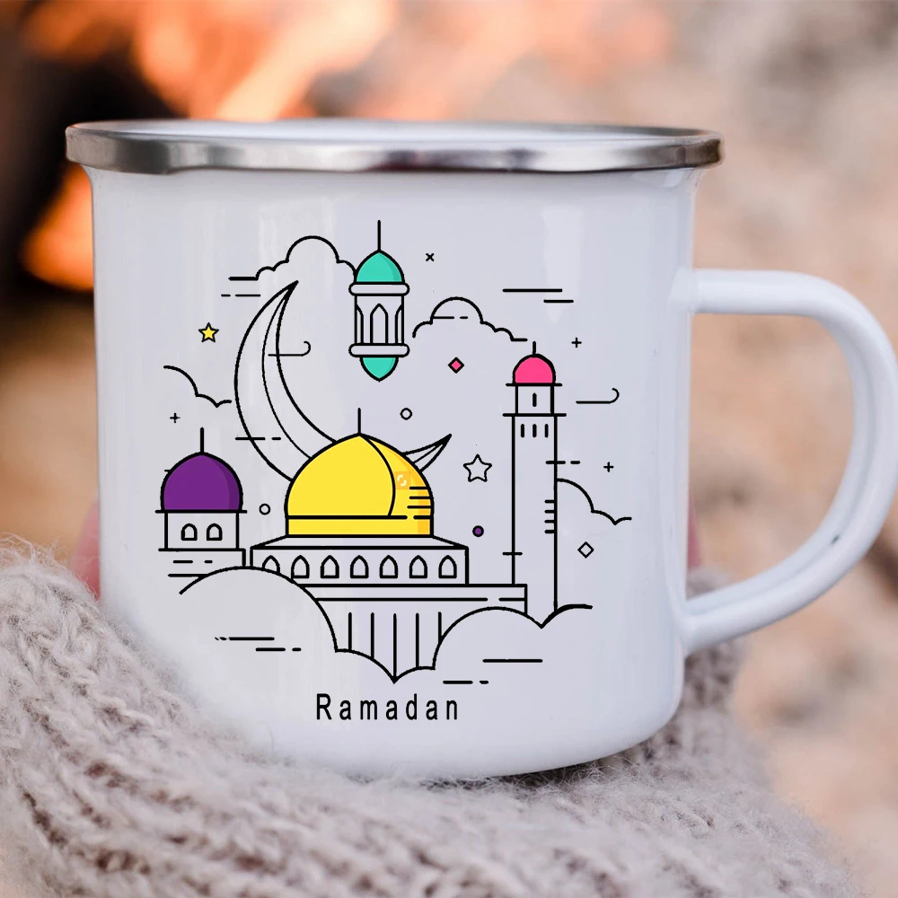 Moon Stars Print Creative Coffee Mug Eid Mubarak Ramadan Party Drink Wine Juice Cups Islamic Muslim Handle Enamel Mugs Eid Gifts