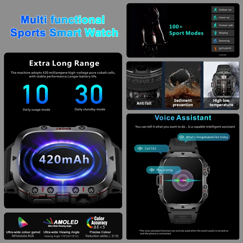 Relógio inteligente impermeável militar ao ar livre para homens, relógios de fitness esportivo, Bluetooth Call Smartwatch, bateria 420mAh, 3ATM, 2024