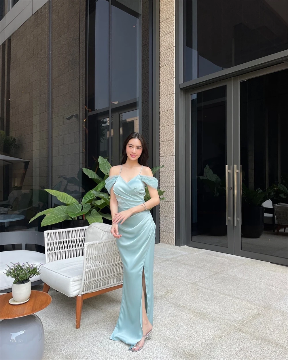 فستان سهرة من الساتان الأخضر رشيق مخصص موضة قبالة الكتف السباغيتي الأشرطة بلا أكمام فستان الحفلات مثير Pr #3