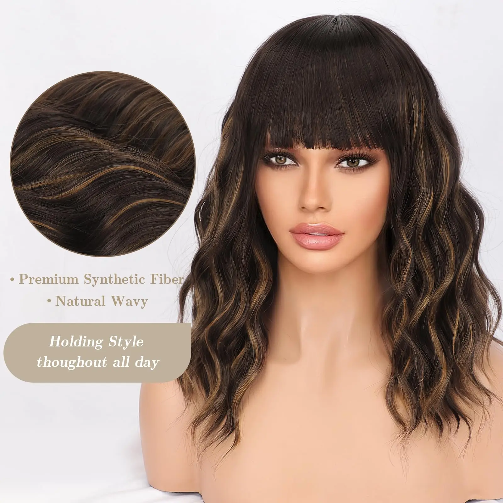 14-Inch Bangs Short Bob Way Synthetic Wigs  Curly Wig for Women Natural Looking Heat Resistant Fiber Hair for Daily Party Use