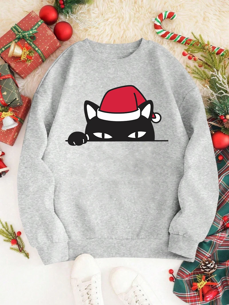 Christmas Sweatshirt Women Black Cat Printing Red Hoodie Fleece Warm Crewneck Loose Pullover Casual Winter Tops Woman Clothes