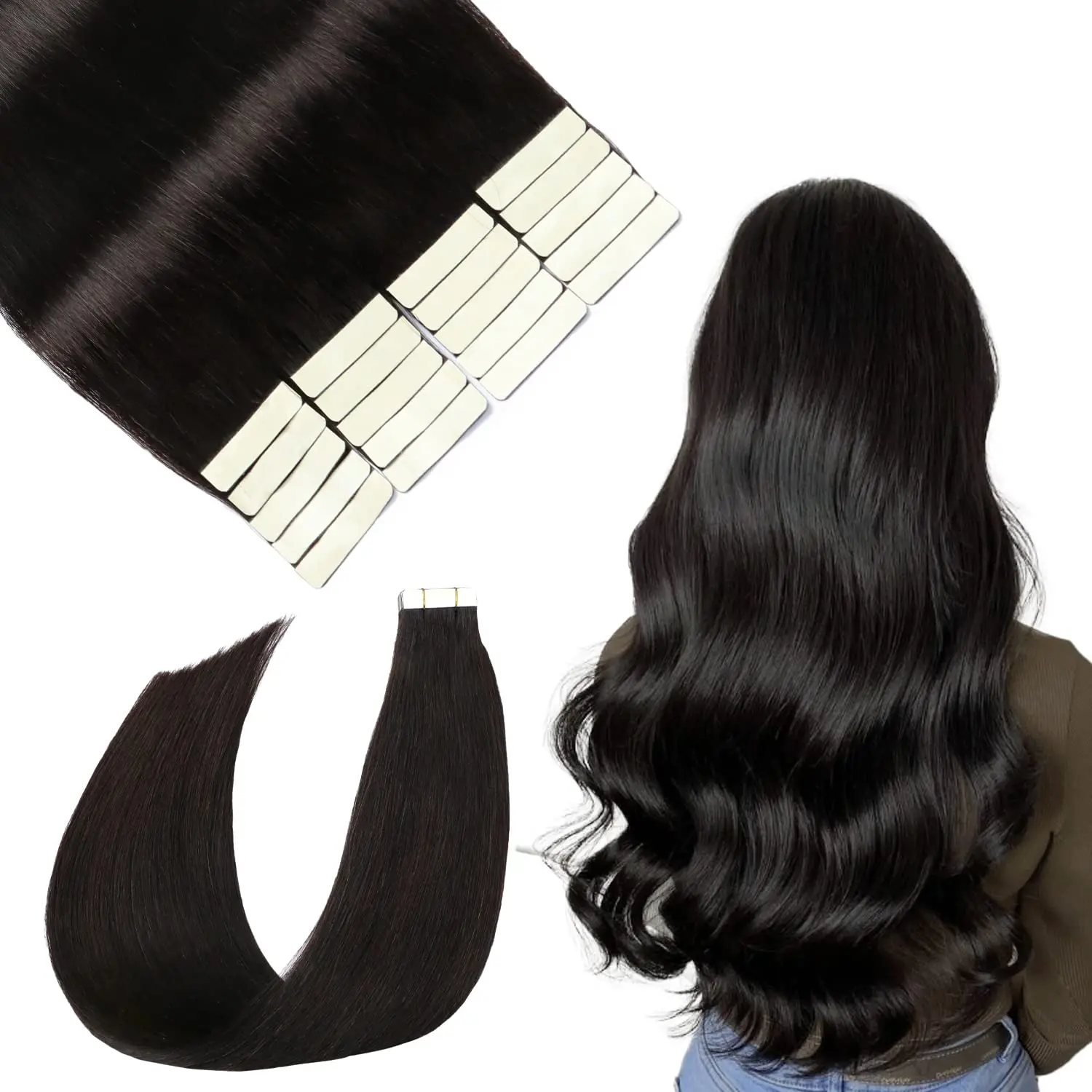 Tape-in-Extensions de Cheveux Humains Lisses, Cheveux Brésiliens, Trame de Peau Sans Couture, # 1B, 100% Cheveux Humains, 18 po, 20Pcs