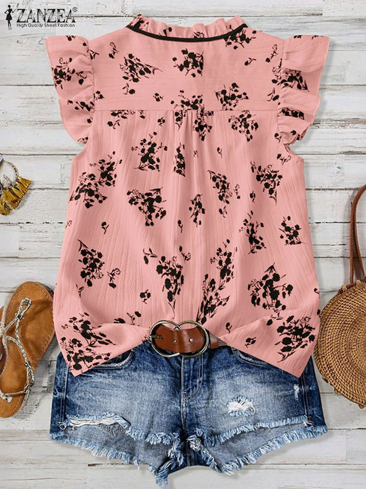 ZANZEA 女性の夏のフリルシャツ 2025 半袖チュニックトップボヘミアン花柄ブラウスヴィンテージファッションボタンカジュアル Blusas
