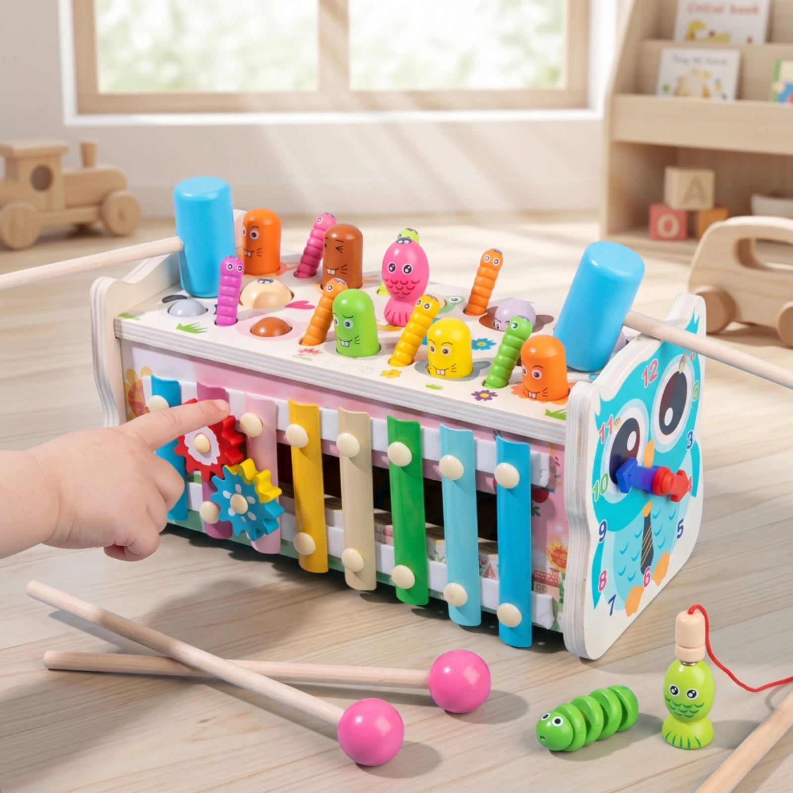 Wooden Pounding Toy with Pegs Toddler-Friendly Pounding Toy with Mallet Wooden Activity Box Multifunctional Hammer Bench