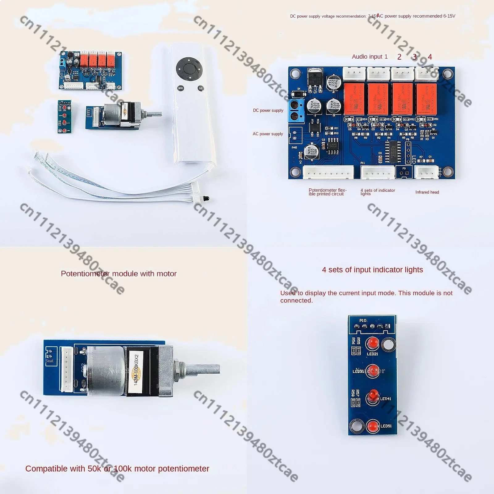 Nvarcher 4-Way Input Switching Audio Source Selector Board IR Remote Control Potentiometer Module