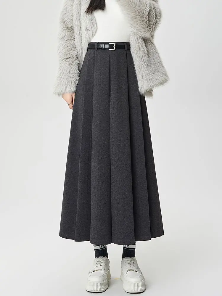 تنورة أنيقة من الصوف السميك ذات ثنيات للنساء عالية الخصر فضفاضة كبيرة سوينغ العمل مكتب OL التنانير الطويلة سيدة #3
