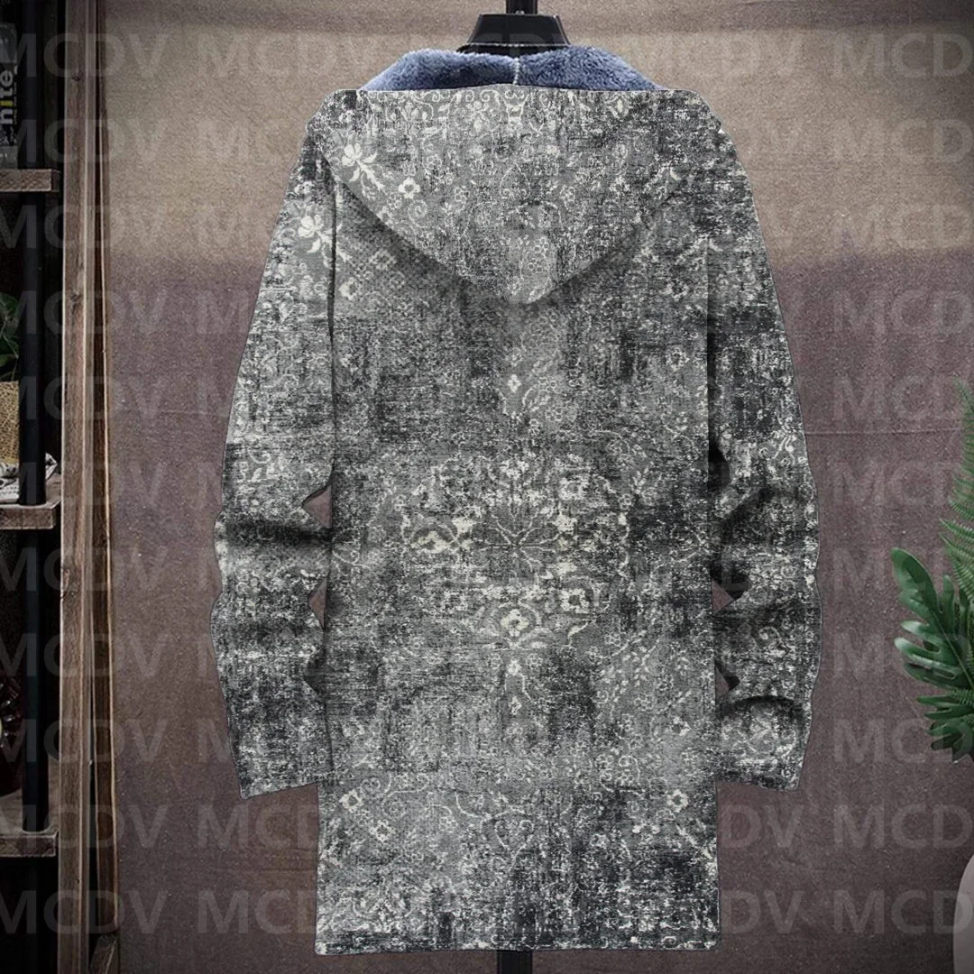 Men's Retro Print Plush Thick Long-Sleeved Coat Fleece Hooded Overcoat Unisex Thick Warm Jacket-1