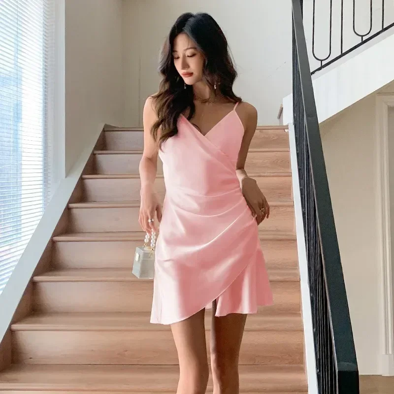 Mini abito coreano sexy in seta estivo con cinturino per spaghetti in raso Abiti Mujer senza maniche tinta unita con volant Cami Abiti da notte ssi