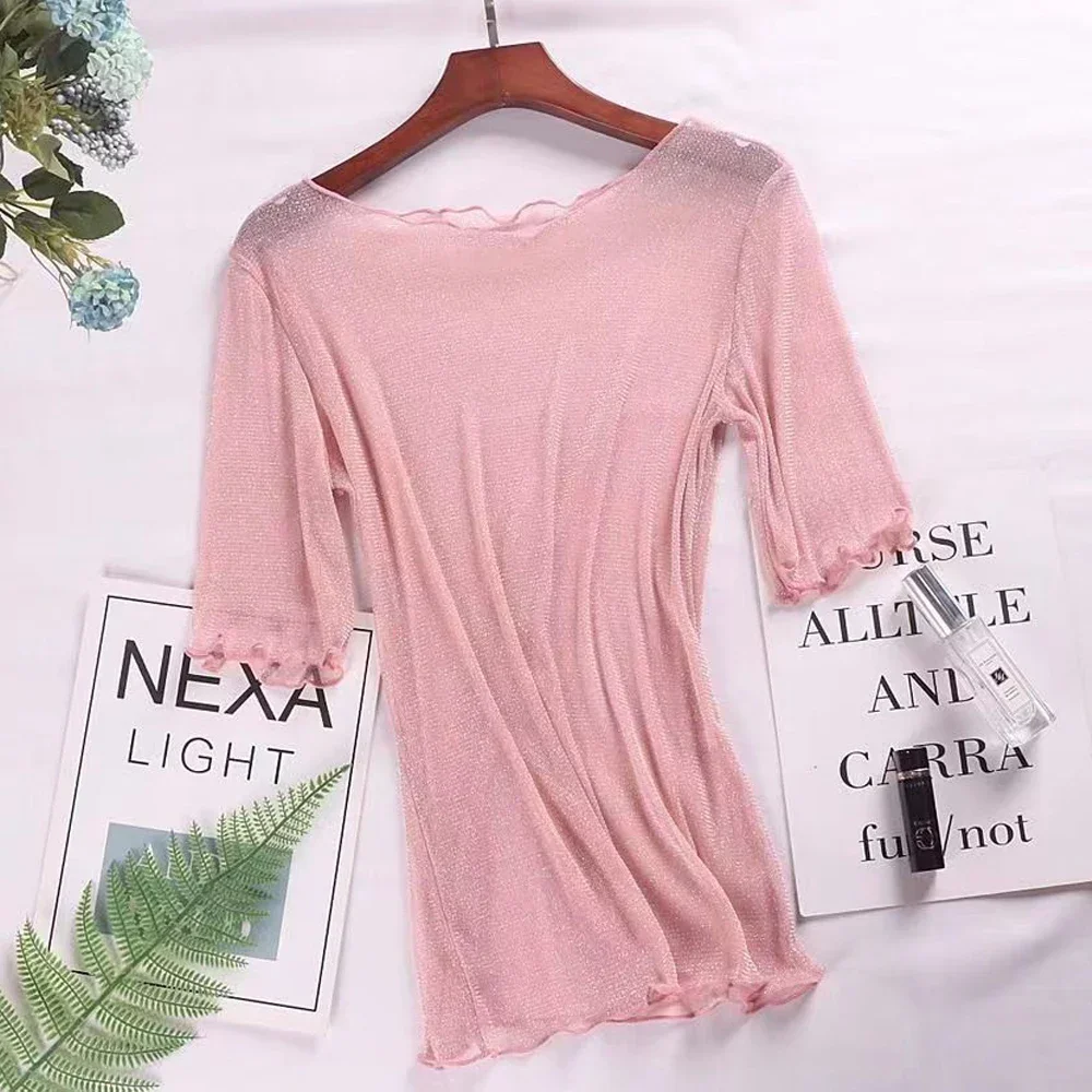 Spring Summer Girl Short Sleeve T Shirt Women Silver Shiny Transparent Elastic Female Blouses Woman 5 Color S-2XL Shirt Y2K Top