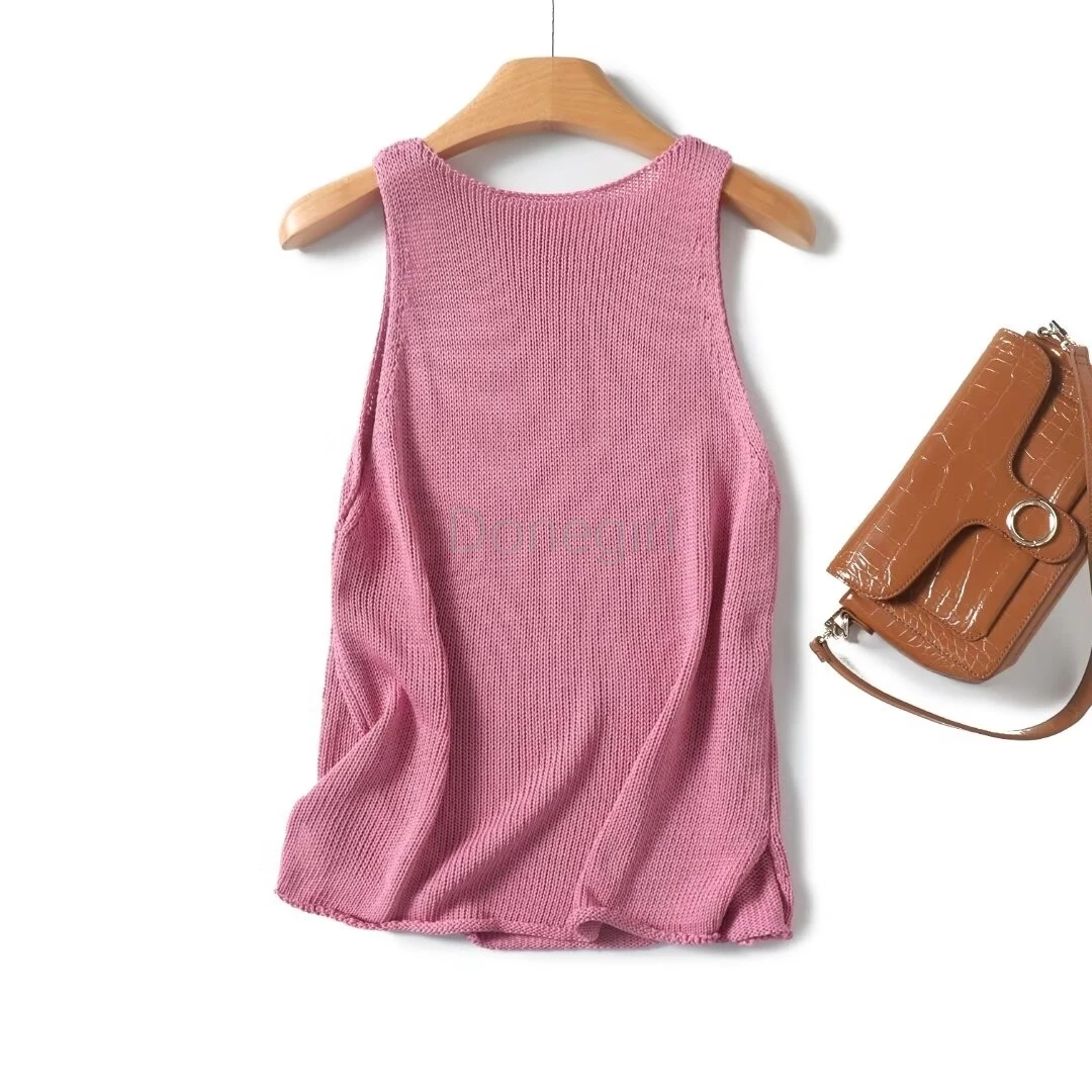 Donegirl Women 2024 Summer New Fashion Sweet Pink Knitted Sleeveless Vest Chic Round Neck Side Split Tank Top Mujer