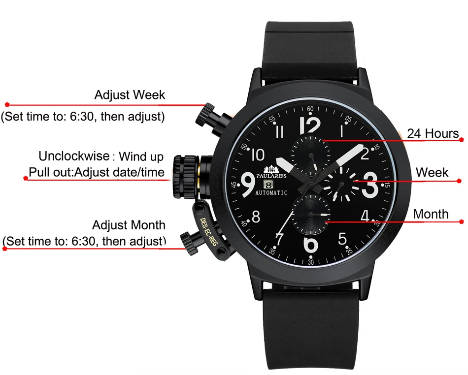 Automatic Wind Mechanical สายคล้องคอสีดำเงินเรือสีส้มสีฟ้าสีเหลืองสีเทาแฟชั่น U ซ้ายมือนาฬิกาผู้ชาย